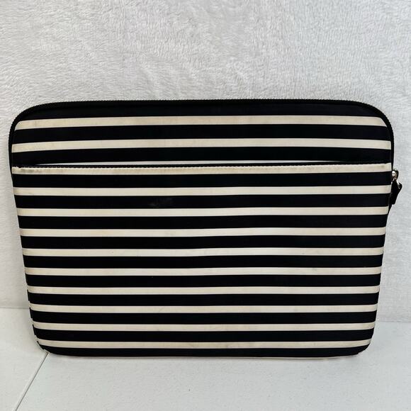 KATE SPADE New York Black & White Stripe Padded iPad MacBook Tablet Zip Case - Picture 5 of 11